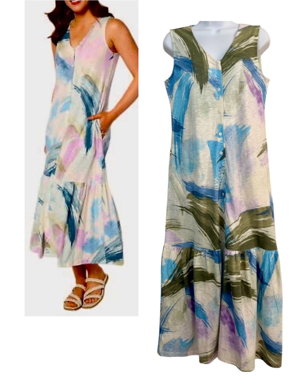Naturals D & Co Sleeveless Midi Maxi Long Dress Size Medium Button Down V-neck